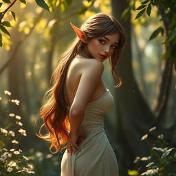 A beautiful brown-haired elf with an alluring figure gracefully removing her elegant dress, showcasing a curvaceous silhouette