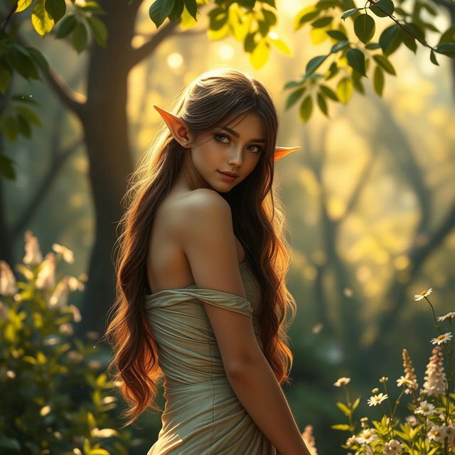 A beautiful brown-haired elf with an alluring figure gracefully removing her elegant dress, showcasing a curvaceous silhouette