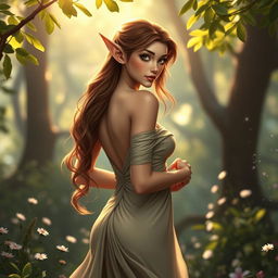 A beautiful brown-haired elf with an alluring figure gracefully removing her elegant dress, showcasing a curvaceous silhouette