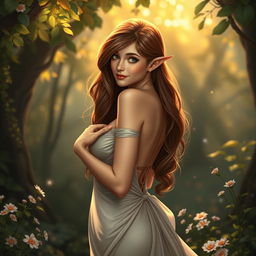 A beautiful brown-haired elf with an alluring figure gracefully removing her elegant dress, showcasing a curvaceous silhouette