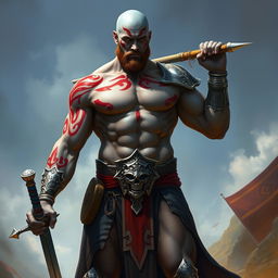 A tall, muscular blue man standing confidently, carrying a longsword in one hand
