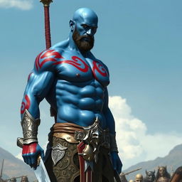 A tall, muscular blue man standing confidently, carrying a longsword in one hand