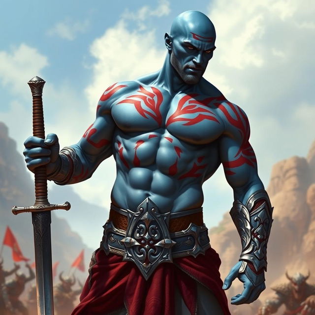 A tall, muscular blue man standing confidently, carrying a longsword in one hand