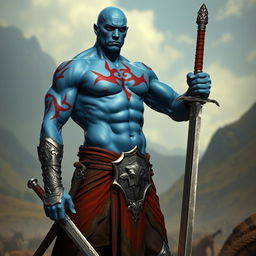 A tall, muscular blue man standing confidently, carrying a longsword in one hand