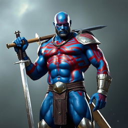 A tall, muscular blue man standing confidently, with a powerful build and bald head