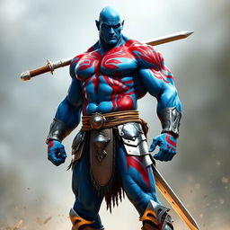 A tall, muscular blue man standing confidently, with a powerful build and bald head