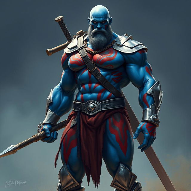 A tall, muscular blue man standing confidently, with a powerful build and bald head