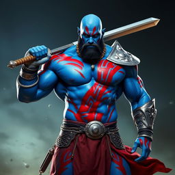 A tall, muscular blue man standing confidently, with a powerful build and bald head