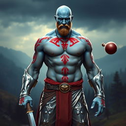 A tall, muscular blue man with a bald head and no beard, showcasing his strong physique