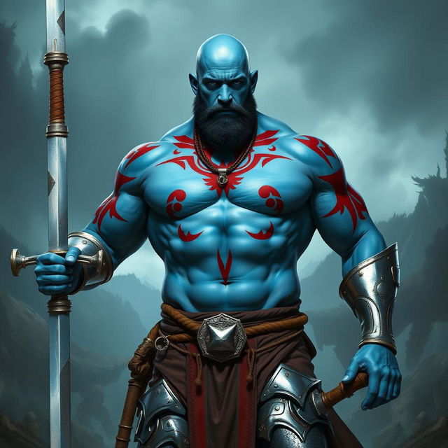 A tall, muscular blue man with a bald head and no beard, showcasing his strong physique