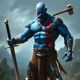 A tall, muscular blue man with a bald head and no beard, showcasing his strong physique