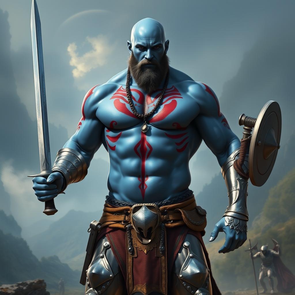 A tall, muscular blue man with a bald head and no beard, showcasing his strong physique