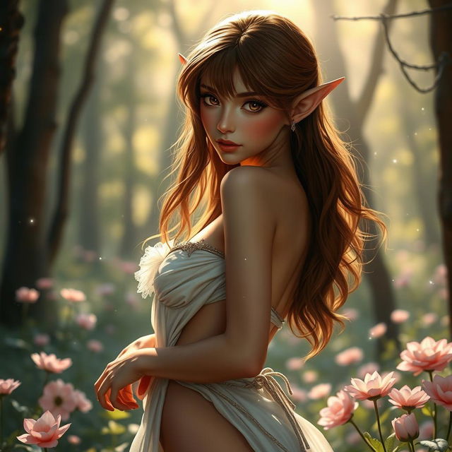 A stunning brown-haired elf with an enchanting figure gracefully disrobing in a mystical forest setting