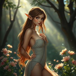 A stunning brown-haired elf with an enchanting figure gracefully disrobing in a mystical forest setting