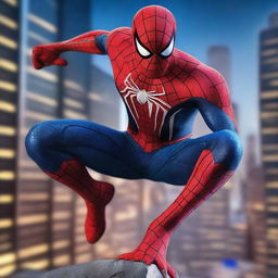 A hyper-realistic digital art piece showcasing Spiderman in a fighting pose against the backdrop of a city at night