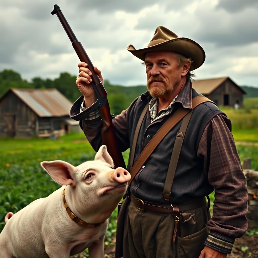 A dramatic scene depicting an American farmer, dressed in traditional late 18th or early 19th-century clothing, standing with a vintage rifle raised, as he confronts a British pig that is munching on his potatoes