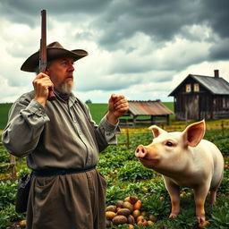 A dramatic scene depicting an American farmer, dressed in traditional late 18th or early 19th-century clothing, standing with a vintage rifle raised, as he confronts a British pig that is munching on his potatoes