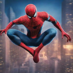 A hyper-realistic digital art piece showcasing Spiderman in a fighting pose against the backdrop of a city at night