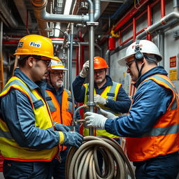 A focused scene depicting technicians engaged in the installation and maintenance of fire protection and suppression systems in a high-risk environment