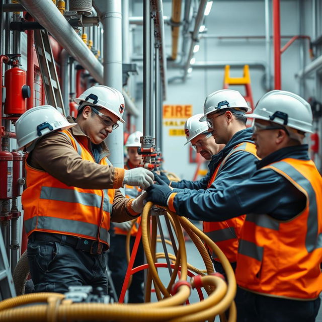 A focused scene depicting technicians engaged in the installation and maintenance of fire protection and suppression systems in a high-risk environment