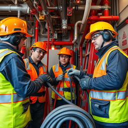 A focused scene depicting technicians engaged in the installation and maintenance of fire protection and suppression systems in a high-risk environment