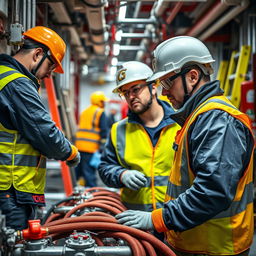 A focused scene depicting technicians engaged in the installation and maintenance of fire protection and suppression systems in a high-risk environment