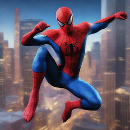 A hyper-realistic digital art piece showcasing Spiderman in a fighting pose against the backdrop of a city at night