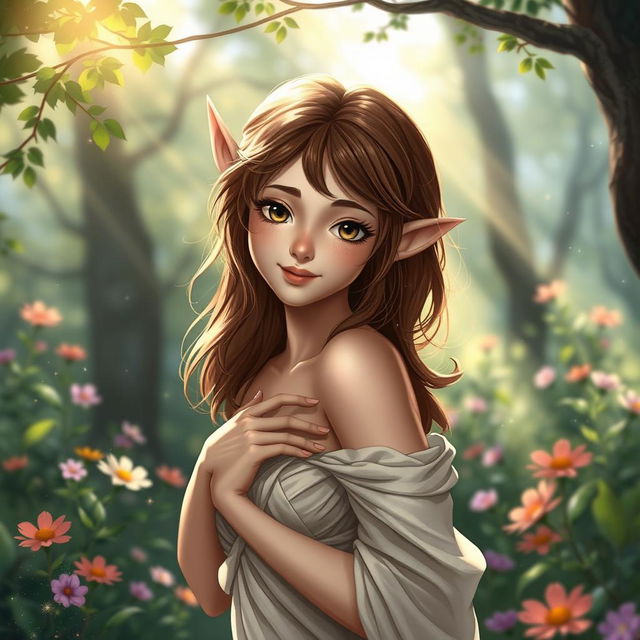 A beautiful brown-haired elf with short ears gracefully disrobing in a serene forest setting