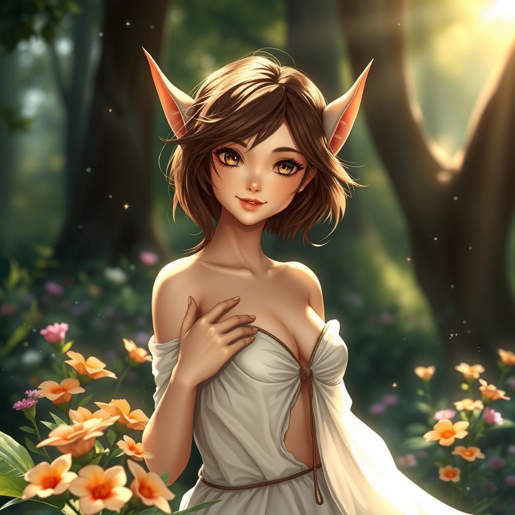 A beautiful brown-haired elf with short ears gracefully disrobing in a serene forest setting