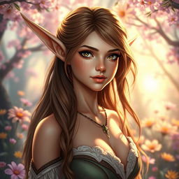 A beautiful brown-haired elf portrayed in a fantasy setting, surrounded by an enchanting forest filled with vibrant flowers and soft sunlight