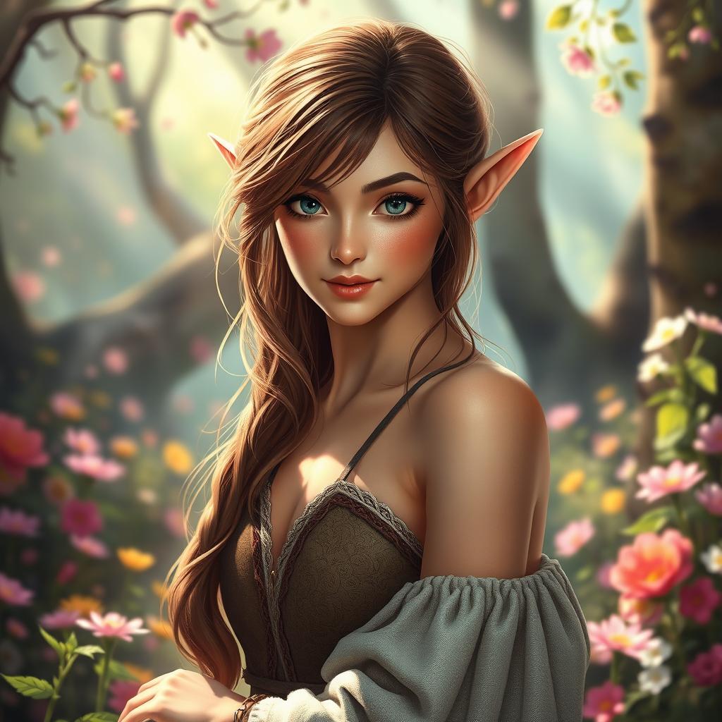 A beautiful brown-haired elf portrayed in a fantasy setting, surrounded by an enchanting forest filled with vibrant flowers and soft sunlight