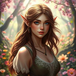 A beautiful brown-haired elf portrayed in a fantasy setting, surrounded by an enchanting forest filled with vibrant flowers and soft sunlight