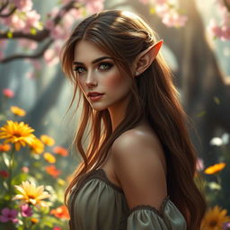 A beautiful brown-haired elf portrayed in a fantasy setting, surrounded by an enchanting forest filled with vibrant flowers and soft sunlight