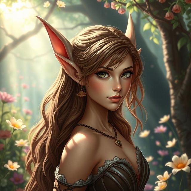 A beautiful brown-haired elf depicted in a fantasy setting, surrounded by an enchanting forest filled with vibrant flowers and soft sunlight, expressing strength and resilience