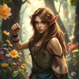 A beautiful brown-haired elf depicted in a fantasy setting, surrounded by an enchanting forest filled with vibrant flowers and soft sunlight, expressing strength and resilience
