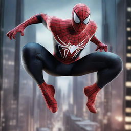 A hyper-realistic digital art piece showing Spiderman in a black and white suit, in a dynamic fighting pose against a night city backdrop