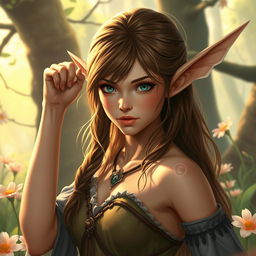 A beautiful brown-haired elf depicted in a fantasy setting, surrounded by an enchanting forest filled with vibrant flowers and soft sunlight, expressing strength and resilience