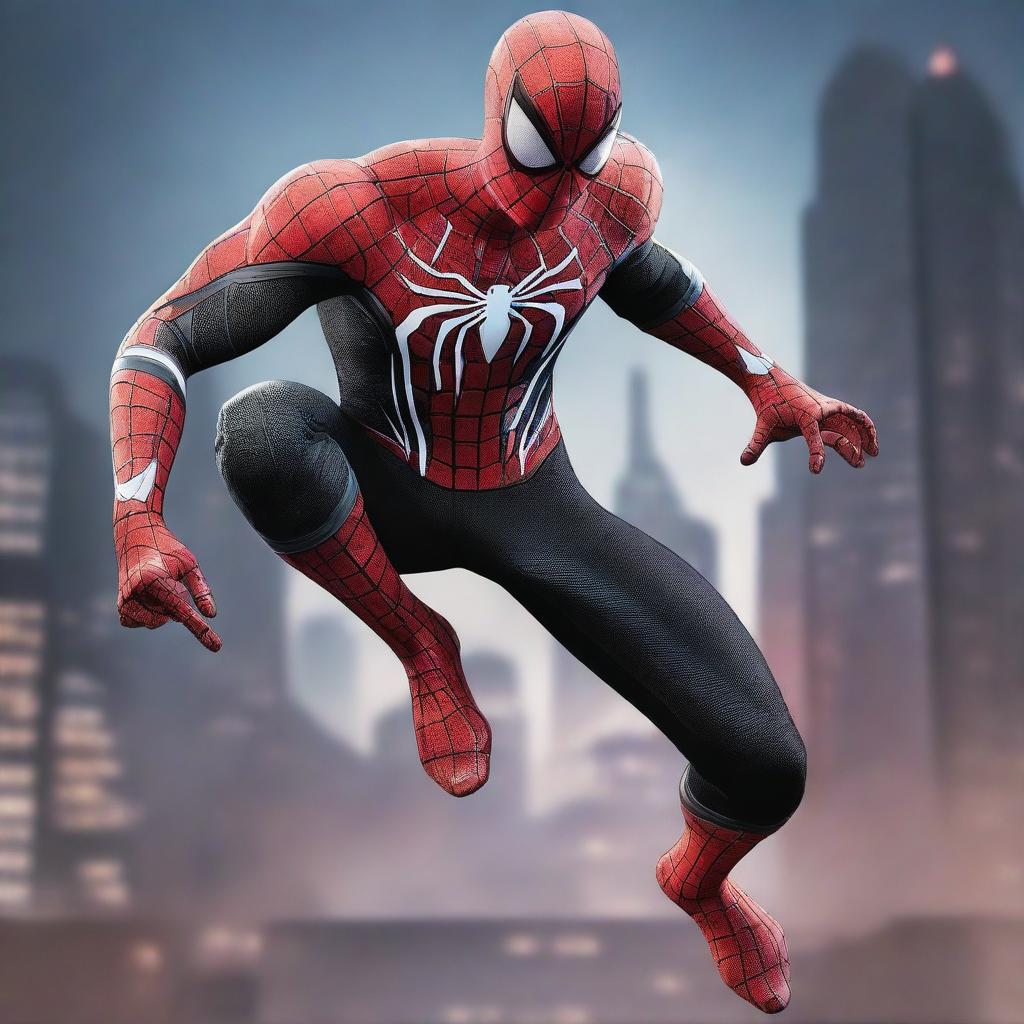 A hyper-realistic digital art piece showing Spiderman in a black and white suit, in a dynamic fighting pose against a night city backdrop