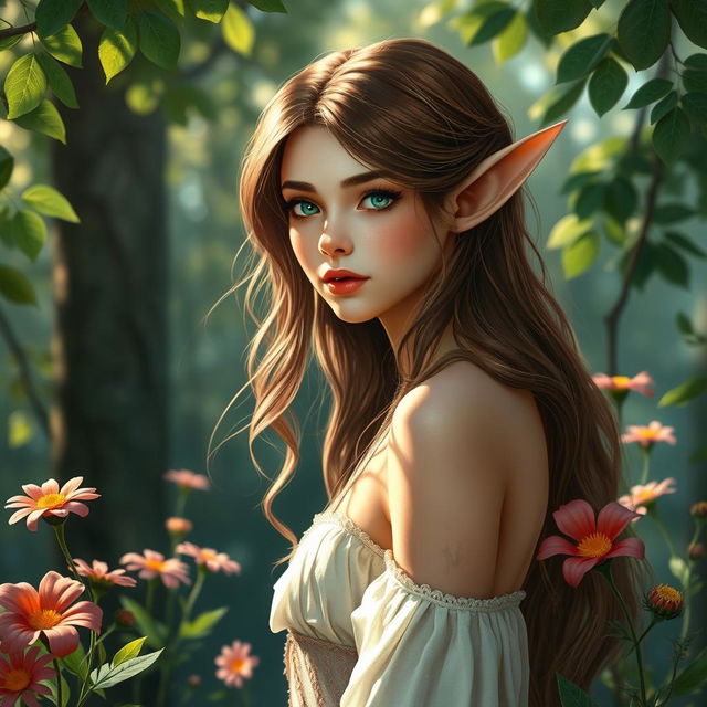 A beautiful brown-haired elf depicted in a serene, enchanting forest setting