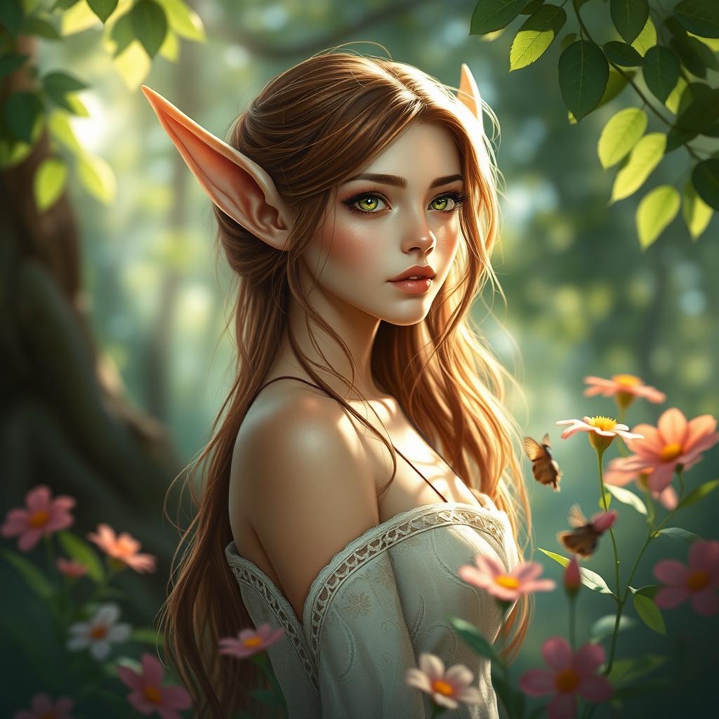 A beautiful brown-haired elf depicted in a serene, enchanting forest setting