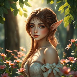 A beautiful brown-haired elf depicted in a serene, enchanting forest setting