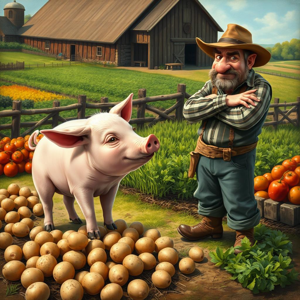 An artistic interpretation of a mischievous pig causing a dispute on a farm