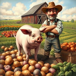 An artistic interpretation of a mischievous pig causing a dispute on a farm