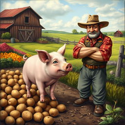 An artistic interpretation of a mischievous pig causing a dispute on a farm