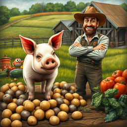 An artistic interpretation of a mischievous pig causing a dispute on a farm