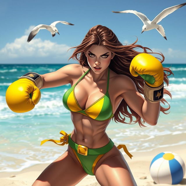 A dynamic and powerful scene featuring Rogue from the X-Men, wearing a stylish bikini while boxing on a sunny beach