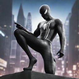 A hyper-realistic digital art piece showing Spiderman in a black and white suit, in a dynamic fighting pose against a night city backdrop