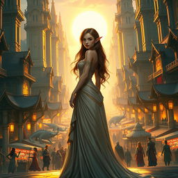 A beautiful brown-haired elf elegantly dressed in a stunning gown, standing in the heart of a grand, majestic city
