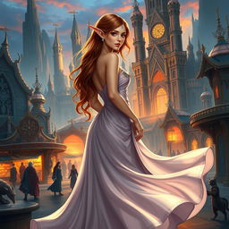 A beautiful brown-haired elf elegantly dressed in a stunning gown, standing in the heart of a grand, majestic city