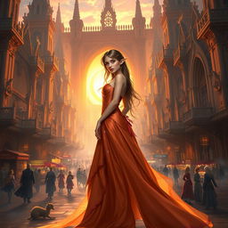 A beautiful brown-haired elf elegantly dressed in a stunning gown, standing in the heart of a grand, majestic city